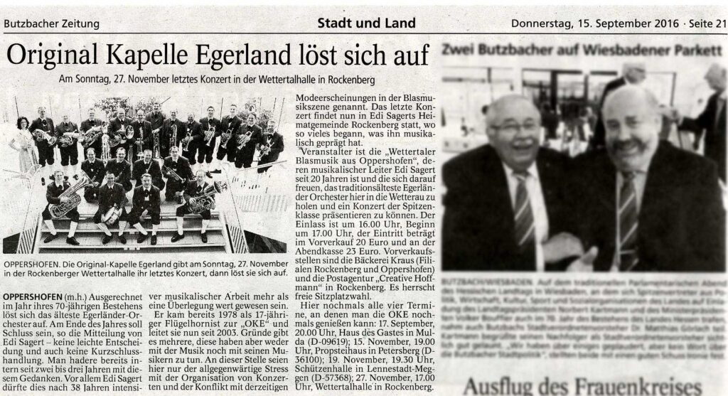 Butzbacher Zeitung – Original Kapelle Egerland löst sich auf