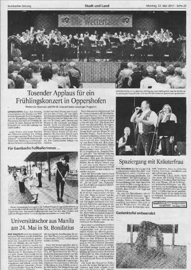 Butzbacher Zeitung – Frühlingskonzert im Bürgerhaus Oppershofen